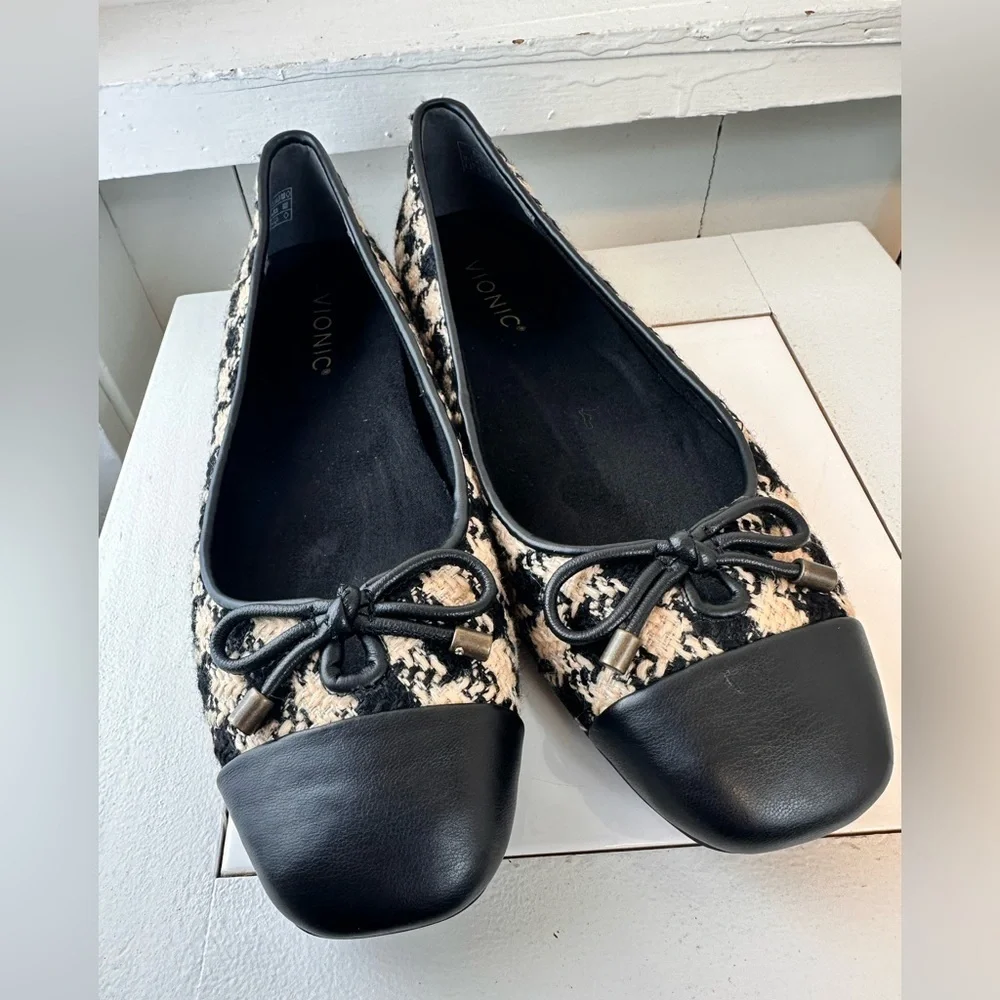 Vionic Klara Ballet Flats Women’s 8.5 Houndstooth Bow Cap Toe Like New Black - Picture 4 of 11